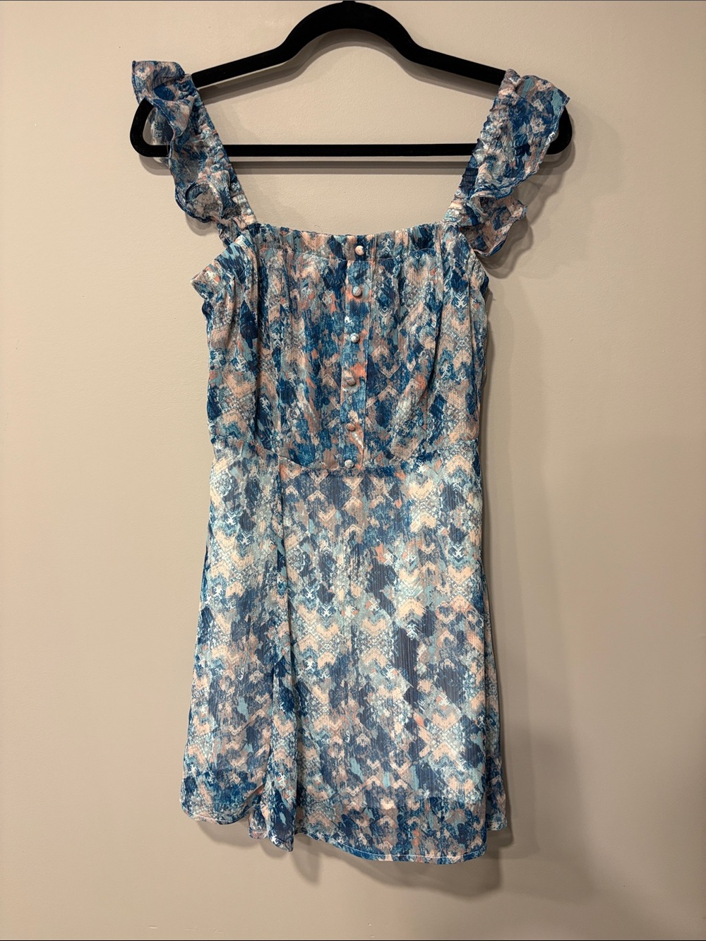 Paper Crane Blue & Pink Printed Ruffled Sleeve Dress